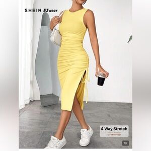 SHEIN Bright Yellow Ruched Side-Slit Midi Dress